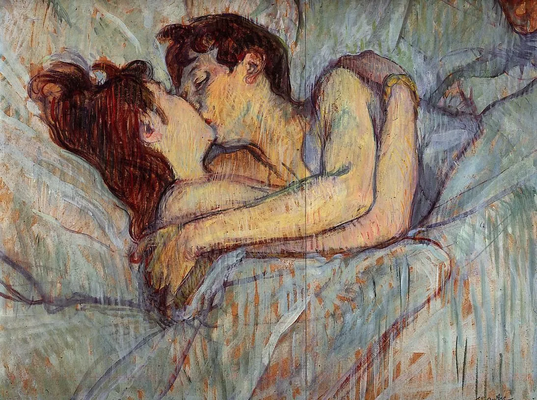 Оголені хлопець та дівчина цілуються в ліжку на картині Анрі-Тулуза Лотрека